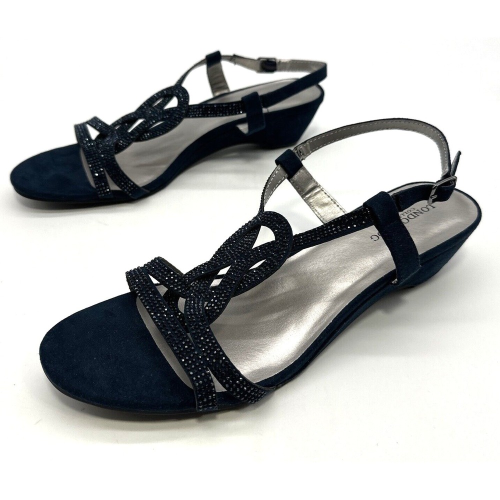 London Fog Womens Size 10 M Blue Suede Sandals Wedge Heels‎ Multi Strap
